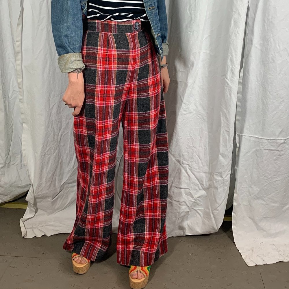 Vintage Plaid Wool High Waist Pants